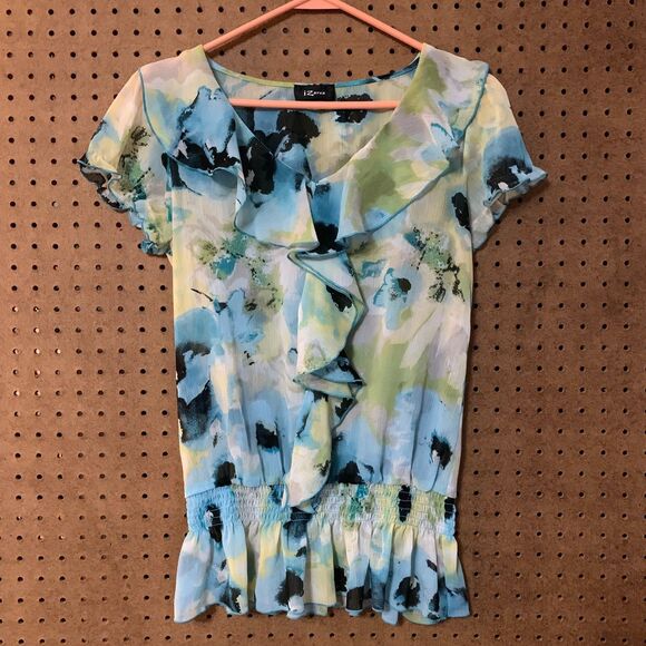 VTG Y2K IZ Byer  Top Fairy Boho Blouse Medium Sheer Flowy Ruffle Rouched Waist - Picture 1 of 6